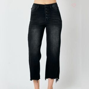 Judy Blue High Waist Button Fly Destroy Raw Hem Wide Leg Denim Black Jeans 18W